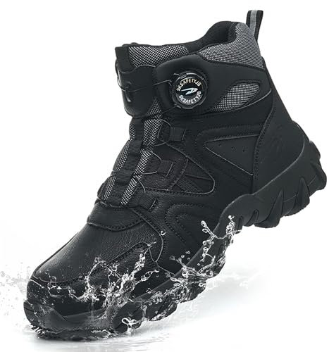 COOU Botas de trabajo impermeables con puntera de acero para hombre y mujer, antideslizantes, cómodas, con cordones de seguridad con hebilla giratoria, C13 negro, 42 2/3 EU