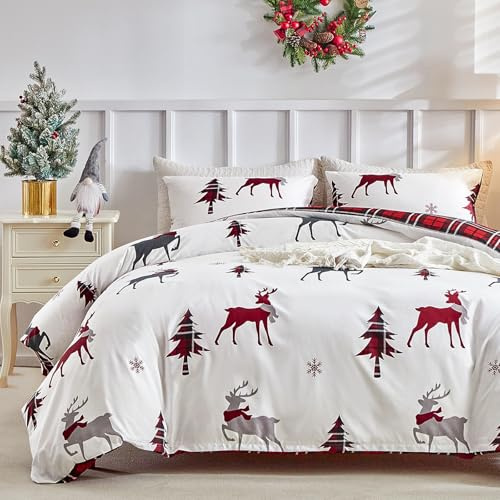 Lekesky Weihnachts Bettwäsche 200x200 3teilig + 2 Kissen 80x80, Weiß | 1 Bettbezug 200x200, 2 Kissenbezüge 80x80 mit Reißverschluss, Bedding mit Reißverschluss, Mikrofaser Maschinenwaschbar
