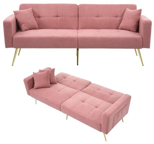 Lumivortex Sofa mit Schlaffunktion, Sofa 2 Sitzer, Klappsofa Kissen und Seitlichen Aufbewahrungstaschen, Kleine Couch, Schlafcouch mit Verstellbare Winkel, Tagesbett, 175x64x72cm (Rosa)