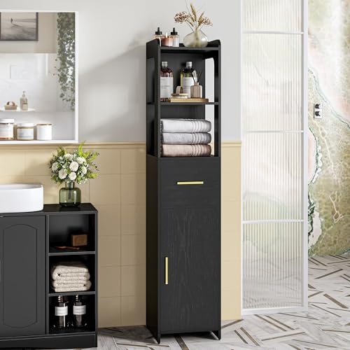 HEXCELEN 138,6 cm Badezimmerschrank, Badezimmermöbel mit Einer Tür und Einer Schublade, Badschrank mit Verstellbare Ablagen, Offenes Fach, für Kleine Räume, Moderner,Schwarz