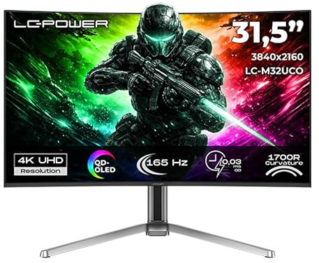 LC-Power LC-M32UCO Curved Gaming Monitor 31,5 | QD-OLED | 4K Ultra HD (3840×2160) | 165 Hz | 1700R | 0,03 ms | HDMI 2.1 | DisplayPort 1.4 | USB-C | KVM | HDR True Black 400 | Adaptive Sync
