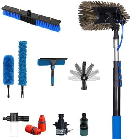 Carbon Fiber Extension Pole Water Fed Scrubber for Solar Panel Cleaning, Telescopic Window Brush Squeegee Kit with Soap Pot, Outdoor House Siding Cleaner Tool System(12.2m(40FT))