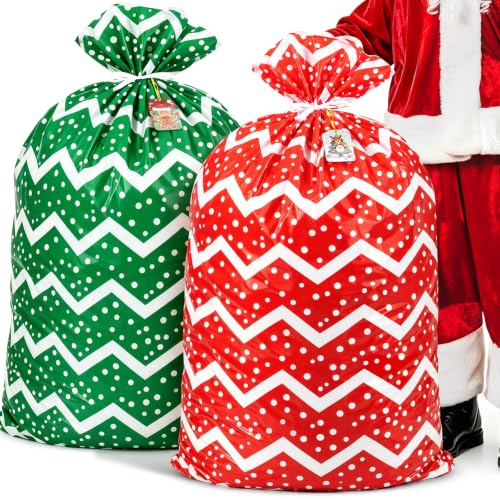 Christmas Gift Bags,Jumbo Xmas Sacks Extra Large Christmas Bags, Drawstring Red Green Oversized Xmas Gift Bags Huge Wrapping Sacks Extra Big Toy Bags for Party Favors