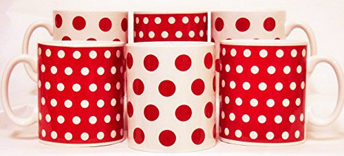 Red Dots and Spots Mugs Set of Six Porcelain Red Cups Hand Decorated in The UK