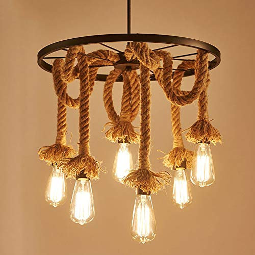 iDEGU Lustre Suspension en Corde de Chanvre, E27 Lampe Suspension Luminaire Industrielle Creative DIY Plafonnier pour Salle à Manger Salon Café Restaurant (6 lampes)