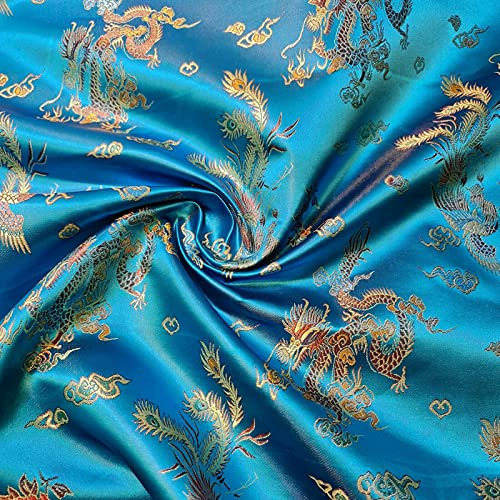 Tissu brocart chinois traditionnel motif dragon brodé en satin de soie oriental (martin-pêcheur)