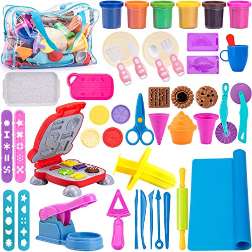 Knetwerkzeug für Kinder, 48 Stück Knete Zubehör inklusive 6er Pack 50 ml Grundfarben Knete, Creation Burger & Pizzaformen, Extruderwerkzeu, Nudelholz, Spielmatten mit Aufbewahrungstasche