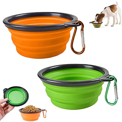 ProsXinty Bol de voyage pliable,Gamelles de Voyage,Bol en Silicone Pliable pour Chiens,Bol pour Chien Portable,Pour petits et moyens chiens ou chats, avec mousqueton (vert et orange)