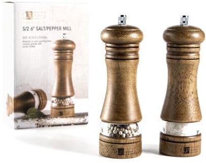 JF JAMES.F Wooden Salt and Pepper Grinder Set, 6.5 inch Rubber Wood Salt and Pepper Mills Set of 2 with Acrylic Visible Window & Adjustable Ceramic Rotor