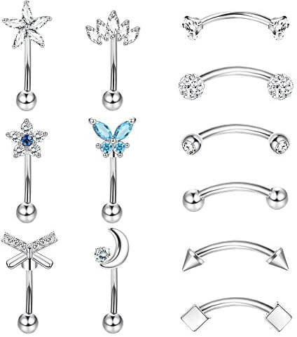 Kakonia 12stk 16G Rook Piercing für Frauen Männer Edelstahl Augenbrauen Piercing Schmuck Piercing Ohr Curved Barbell Piercing Banane Short 6mm 8mm
