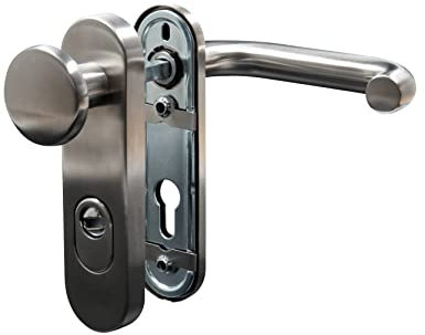 Buddy4Home house accessoires Tür-Schutzbeschlag Profilzylinder mit Ziehschutz Feuerschutztür Kurzschild 72mm Drücker Knauf Wechselgarnitur rund Edelstahl Boston-Paris