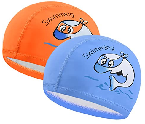 2 Pcs Gorro de Natación Niñas Niños 4 a 16 Años, Gorros Piscina Tela PU Impermeable de Dibujos Animados, Gorro Baño Elástico Antideslizante, Suave Sombrero de Natación para Pelo Largo Corto (Set A)