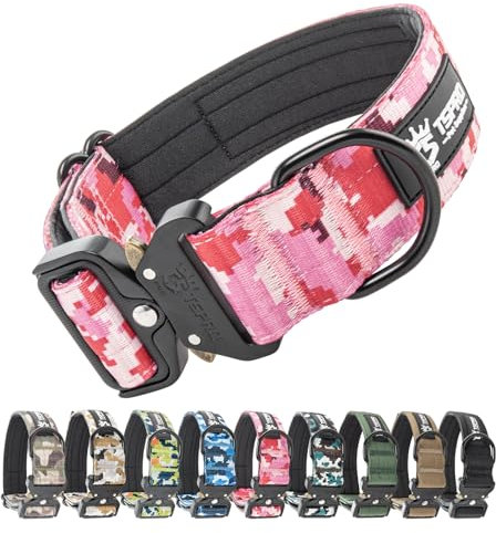 TSPRO Premium Hundehalsband mit Patch Dickes Verstellbares Taktisches Hundehalsband Schwere Ausführung Schnellverschluss Metallschnalle für Mittelgroße bis Große Hunde (Camo Rosa L)