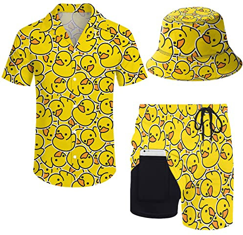 ZePinger Set mit Hemd und Shorts aus Leinen, für Herren, Motiv: gelbe Enten, mit Button-Down-Hemd, 2-teilige Shorts, mit Bob-Hut, Entengelb, Größe XL