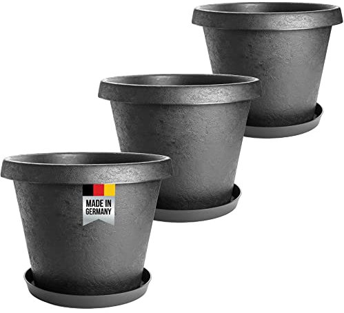 3er Set Pflanzkübel groß außen, Blumentopf Gross 40 cm mit Untersetzer, Blumenkübel Blumentopf Pflanztopf groß, extra stabil innovatives Stone-Design, Anthrazit, Model Keni, Made in Germany