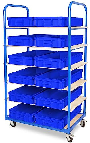 BRB Etagenwagen mit 6 Ebenen, BxTxH 1050x500x1690 mm, bestückt mit 12 Euroboxen BxTxH 600x400x120 mm, 2 Lenk-/2 Bockrollen (blau)