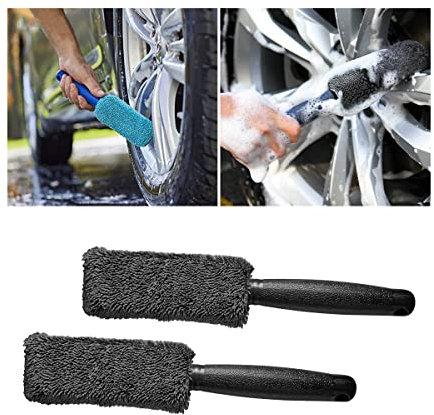 JNNJ 2Pcs Spazzola in Microfibra per Cerchi, Spazzole per La Pulizia delle Ruote Dell'auto, Strumento di Delicata del Cerchione, Plastica Manico Spazzola per Pneumatici per Cerchi in Lega(Grigio)