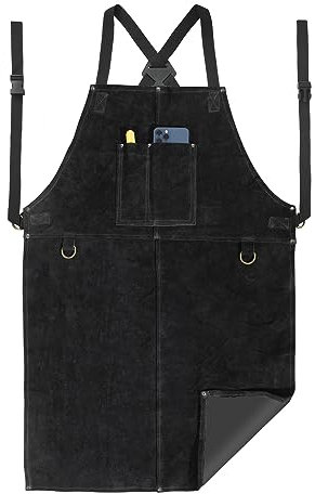 LeaSeek Schweißerschürze aus Leder– hitzebeständig und schwer entflammbare Latzschürze, schwer entflammbar, strapazierfähige Grillschürze, verstellbare Einheitsgröße (Schwarz 61 x 91)