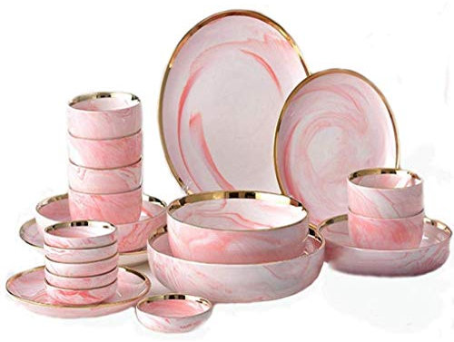 Pottery Tableware,20 Piece Dinner Set Pink Marble Phnom Penh Ceramic Dinnerware Set Service for 6 People