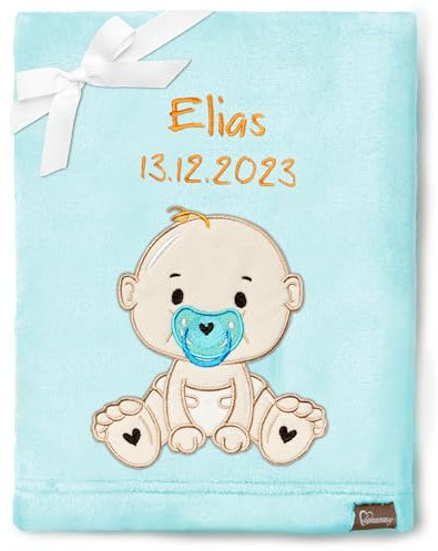 Be Mammy Personalisierte Babydecke mit 3D Applikation Warme Kuscheldecke mit Namen und Geburtsdatum; Perfektes Baby Geschenk; Blanket; Krabbeldecke BE20-280 (Puderblau - Junge)