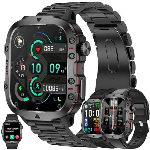 Reloj Inteligente Hombre con Llamadas, 1,96” AMOLED 5ATM Smartwatch Deportivo con Podometro Pulsometro SpO2 Sueño Presion Arterial Pulsera Actividad 5ATM Reloj para iOS Android, 3 Correas (Negro)