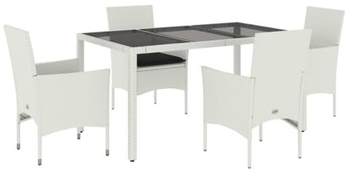 vidaXL Garten Essgruppe 5-TLG., Gartenmöbel Set mit Kissen, Gartengarnitur Tisch 4 Stühle, Lounge Sitzgruppe Sitzgarnitur, Weiß Poly Rattan Glas