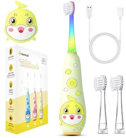Teeteck Elektrische Zahnbürste für Kinder Baby ab 1-6 Jahren Kinderzahnbürste Elektrisch mit Regenbogen-LED-Licht, mit 2 Bürstenköpfen, Magnetisches USB-Ladekabel, IPX7 Wasserdicht, SG2139