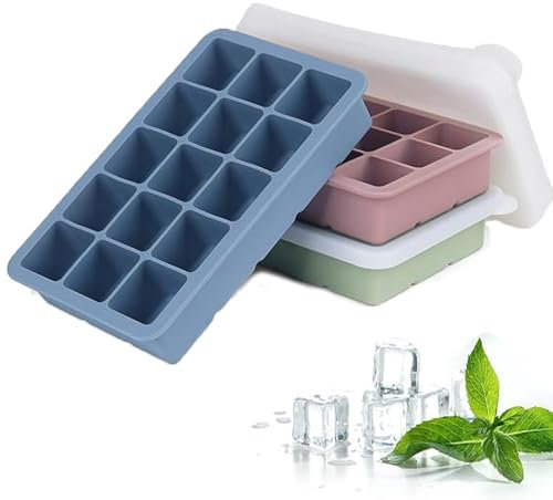 3Packs Ice Cube Tray, Silicone Large Square BPA-Free Ice Moulds Reusable with Removeable Lids for Freezer Containers, Baby Food, Whisky, Cocktails, Drinks