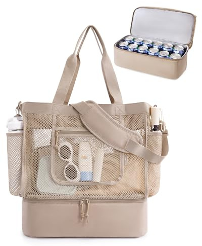 BAGSMART Beach Bag for Women, Mesh Tote Bags with Zipper, Sandproof Vacation Essentials with Cooler for Swim Cruise Pool, Camel