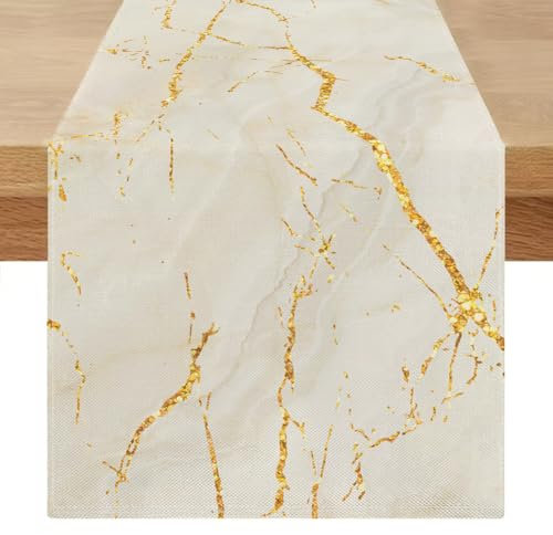 Tischläufer Modern Frühlings Sommer Weiß Gold 40 x 140 cm Leinen Tischläufer Marmor Goldene Textur Abstrakte Kunst Tisch Läufer für Kaffee, Esszimmer, Kommode, Beistelltisch, Schlafzimmer