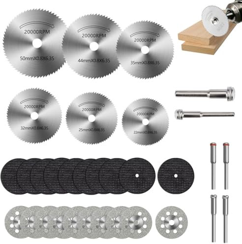 32 Stück Trennscheiben Set für Dremel Zubehoer, HSS-Kreissägeblätter 22/25/32/35/44/50 mm, Sägeblatt Kreissägeblatt Set, Diamant Trennscheiben, Mini Kreissägeblatt für Holz, Metall, Fiberglas, Stein
