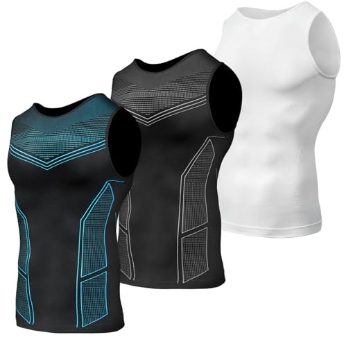 Odoland T-shirt de compression pour homme, 3 pièces, T-shirt de compression, sous-vêtements de compression pour homme, body shaper, T-shirt fonctionnel, T-shirt de sport pour hommes, débardeur, Noir