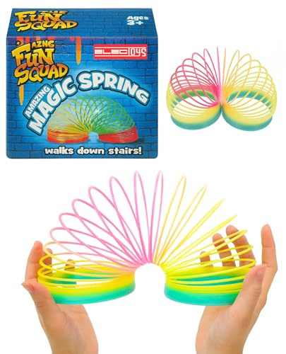 Electoys Magic Spring Toy Multicoloured Rainbow Slinky for Kids Classic Walking Stairs Plastic Spring Toy Fun Handheld Fidget for Children Vibrant Pink Yellow Blue Green Spiral Entertaining Gift