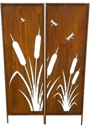 Kapaga Lot de 2 brise-vue en métal avec motif d'herbe de roseau – 160 cm x 50 cm – Rouille – Brise-vue pour jardin – Brise-vue – Décoration de jardin – Clôture – Rouille
