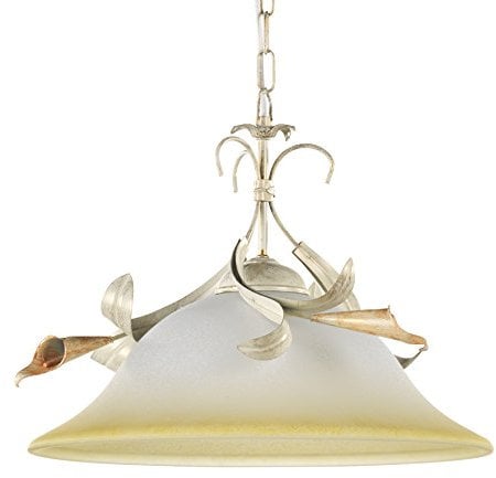 ONLI - Lampe à suspension en métal ivoire avec nuances dorées. Cloche en verre blanc satiné nuancé ambre