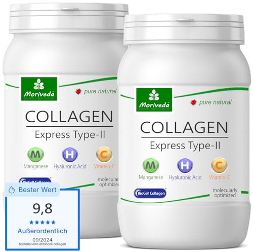 Collagen Express Kapseln mit Biocell Collagen Typ-II - 2 Monate Vorrat - Hyaluronsäure, Chondroitinsulfat, Vitamin-C & Mangan - Haut Haare Gelenke - von MoriVeda 2x 60 Stück