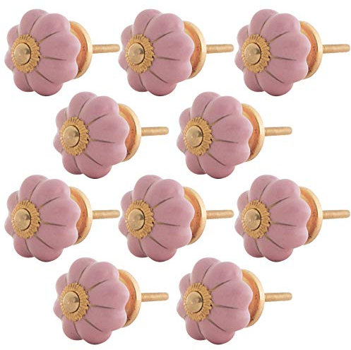 Knober 10 X Möbelknopf Kürbisform klein Keramik Porzellan Vintage Landhausstil Shabby-Chic 34 Ø klassisch edel verziert (Rosa mit goldener Montur)