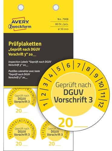 AVERY Zweckform 80 Stück Prüfplaketten Geprüft nach DGUV Vorschrift 3 20xx (mit Jahreszahl zum selber eintragen, widerstandsfähig, selbstklebend, Ø 30 mm, Prüfaufkleber, Prüfsiegel aus Vinyl) 7908 gelb