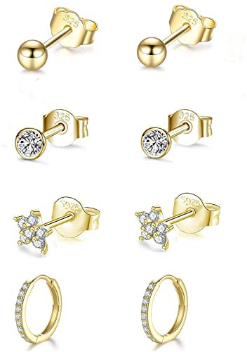 GULICX Klein Schlafen Creolen Silber 925 Damen Ohrstecker Ohrringe, 4 Paare Hypoallergen Gold Silber Ohrstecker &Creolen Ohrringe Set für Damen Mädchen