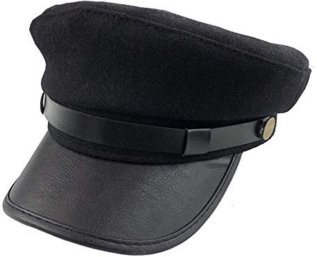 Erioctry Schwarze Chauffeur-Mütze – Retro-Militär-Stil, Baumwolle & Leder, flache Kappe für Damen und Herren, B, Einheitsgröße