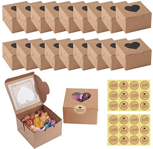 JOYSKY 18 Pcs Brown Cupcake Boxes, Paper Cake Box, Bakery Pastry Boxes with Windows and 24 Stickers, Kraft Candy Boxes for Cupcakes Desserts, Pastries Cookies Small Cakes Candy Pies & Gifts