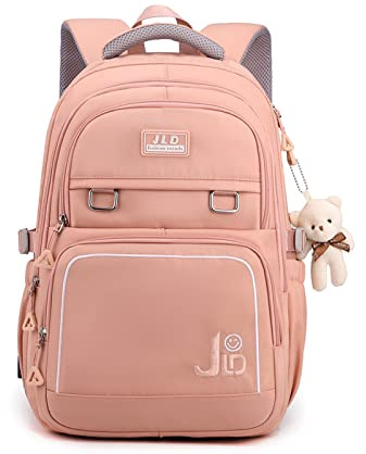FANDARE Schulrucksack Schulrucksack Ultraleicht Daypacks Kinderrucksack Schultasche Jungen Mädchen Rucksack Schulranzen Outdoor Reise Daypacks mit Plüsch Anhänger Wasserdicht Nylon Rosa