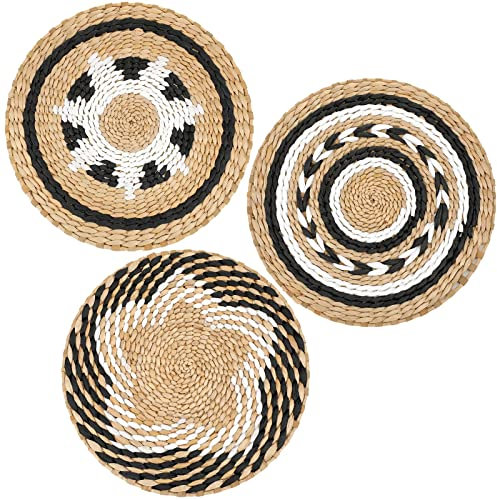 Boho Wandkorb Dekor Set von 3 dekorativen Bulrush Gewebter Korb Wanddekor Set Rustikale Hängende Handgemachte Runde gewebte Wanddekoration mit afrikanischem Design für Wohnzimmer Schlafzimmer