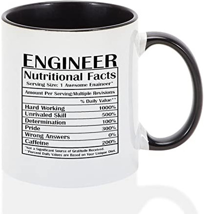 Taza negra de dos tonos, taza de café de ingeniero, información nutricional, taza de café divertida, regalo de 11 onzas