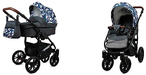 BabyLux Optimal 2-in-1 Baby Kinderwagen Tief und Kinderwagen mit Zubehör Verstellbar und faltbar Aluminium Konstruktion Wasserdicht Nicht abnehmbare Räder Grey Moro Black Frame