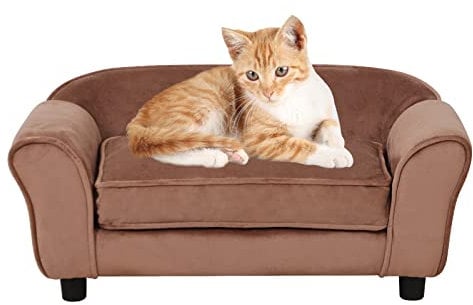 PWTJ Hundesofas und -stühle/Hundebetten mit weichem Samtstoff/strapazierfähiges Haustiersofa/Bett/Holzrahmen, Katzenbett, Hundesofa mit waschbarem, bequemem Kissen für mittelgroße Hunde (braun)