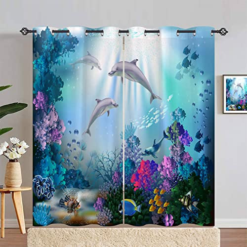 ANHOPE Dolphin Curtains Eyelet Soft Thermal Blackout Curtains Ocean Underwater Tropical Fish Print Pattern Ring Top Soundproof Window Drapes for Kids Bedroom Living Room 66 x 72 Inch Drop 2 Panels