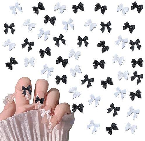 Bow Nail Charms,200PCS Mixed Black White Bow Tie Bowknot Nail Gems,Cute Resin Nail Charms Gems Nail Jewelry Supplies for Nail Art Design Decorations DIY Crafts (Nail Bows A)
