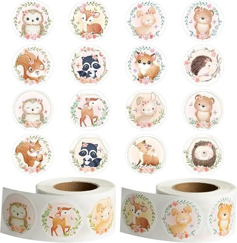 PANTIDE 1000 Stk Blumen-Wald-Tiere Aufkleber-Set (2 Rollen) 1,5 Zoll 16 Cartoon-Wald-Freunde Motive Selbstklebende Dekorationsaufkleber für Kinder Belohnungsparty-Ausrüstung