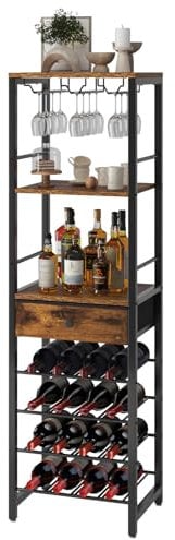 IBUYKE Portabottiglie,Portabottiglie Da Terra A 4 Livelli Con Portabicchieri E Cassetto, Portabottiglie Da 16 Bottiglie Da Banco In Legno, Per cantinetta vino, Cucina, Sala Da Pranzo,Marrone TMJ905H